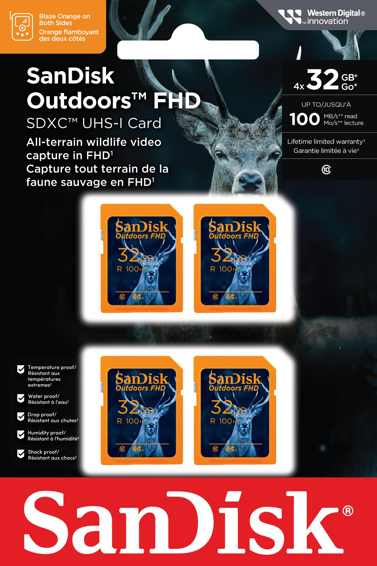 SD-Kartenverpackung mit Hirschbild, orangefarbene Karten. Text: SanDisk Outdoors FHD, 32GB, UHS-I Card. Vier Karten.