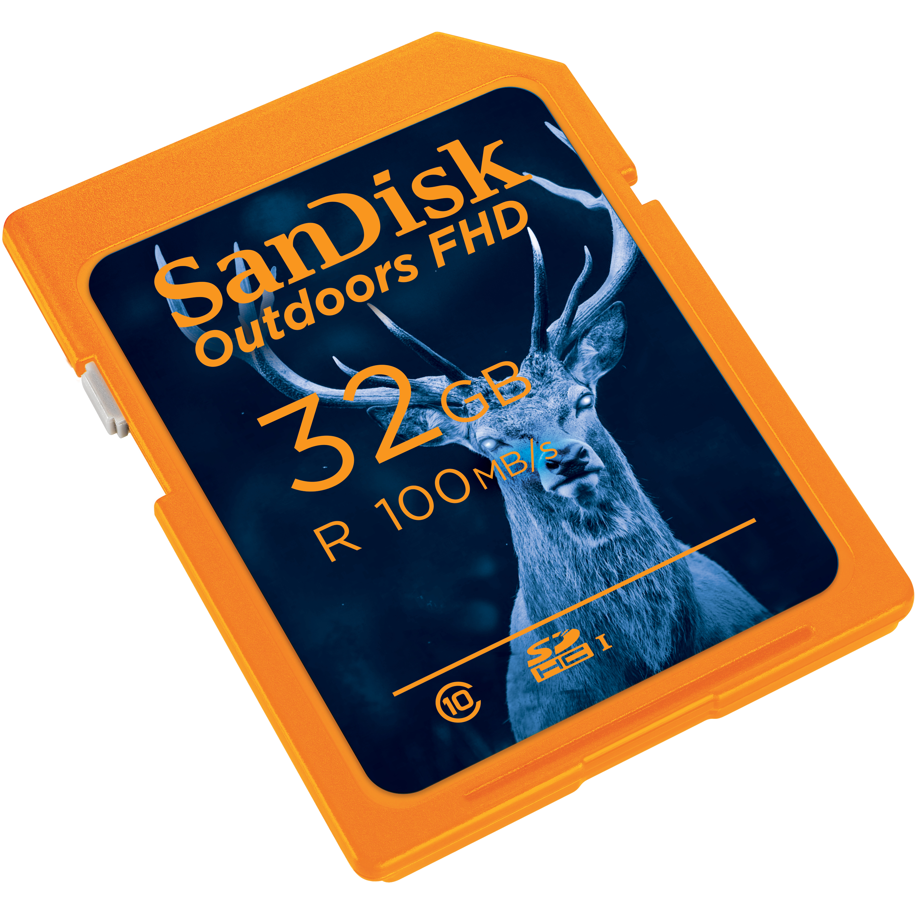 Orangefarbene SanDisk-Speicherkarte mit Hirschbild und Spezifikationen, schräge Ansicht.