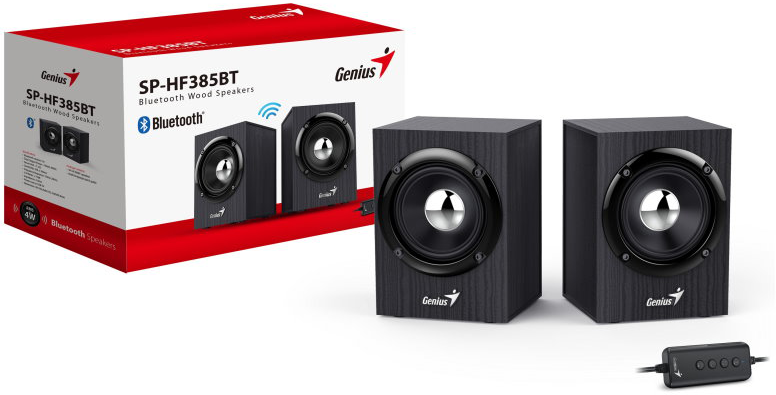 Két fekete Genius Bluetooth fa hangszóró, egy dobozzal és egy vezérlőegységgel.
