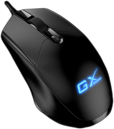 Egy fekete GX GAMING egér fekete háttéren.