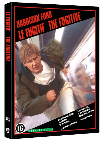 Couverture du film 'Le Fugitif' avec Harrison Ford. Un homme fuit un train, texte en français.