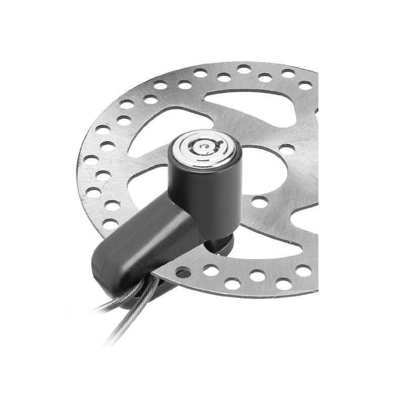 Eine Scheibenbremse mit angebrachtem Verriegelungsmechanismus. Ein Kabel ist mit dem Schloss verbunden.