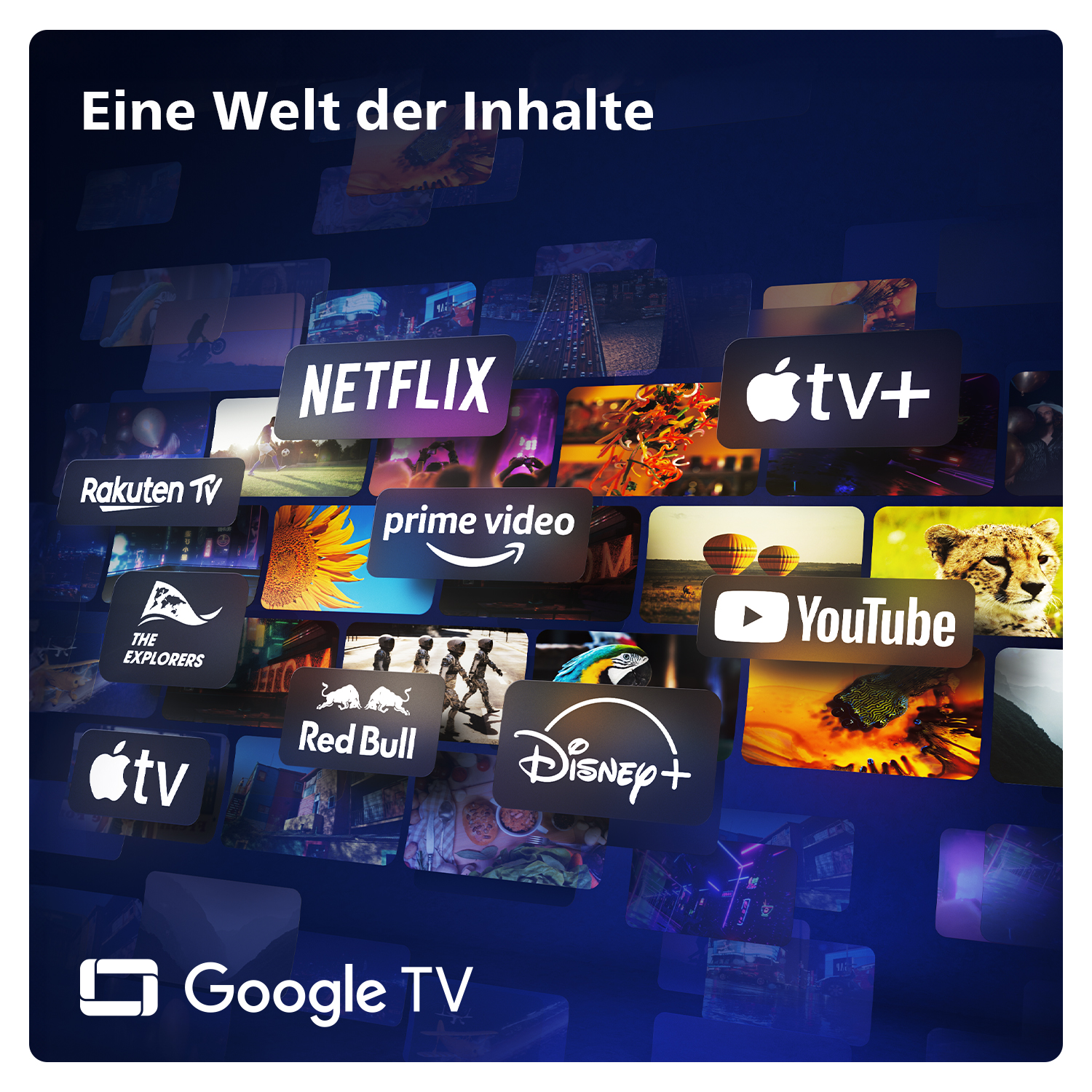 Ein Bildschirm mit Logos verschiedener Streaming-Dienste, darunter Netflix und YouTube.