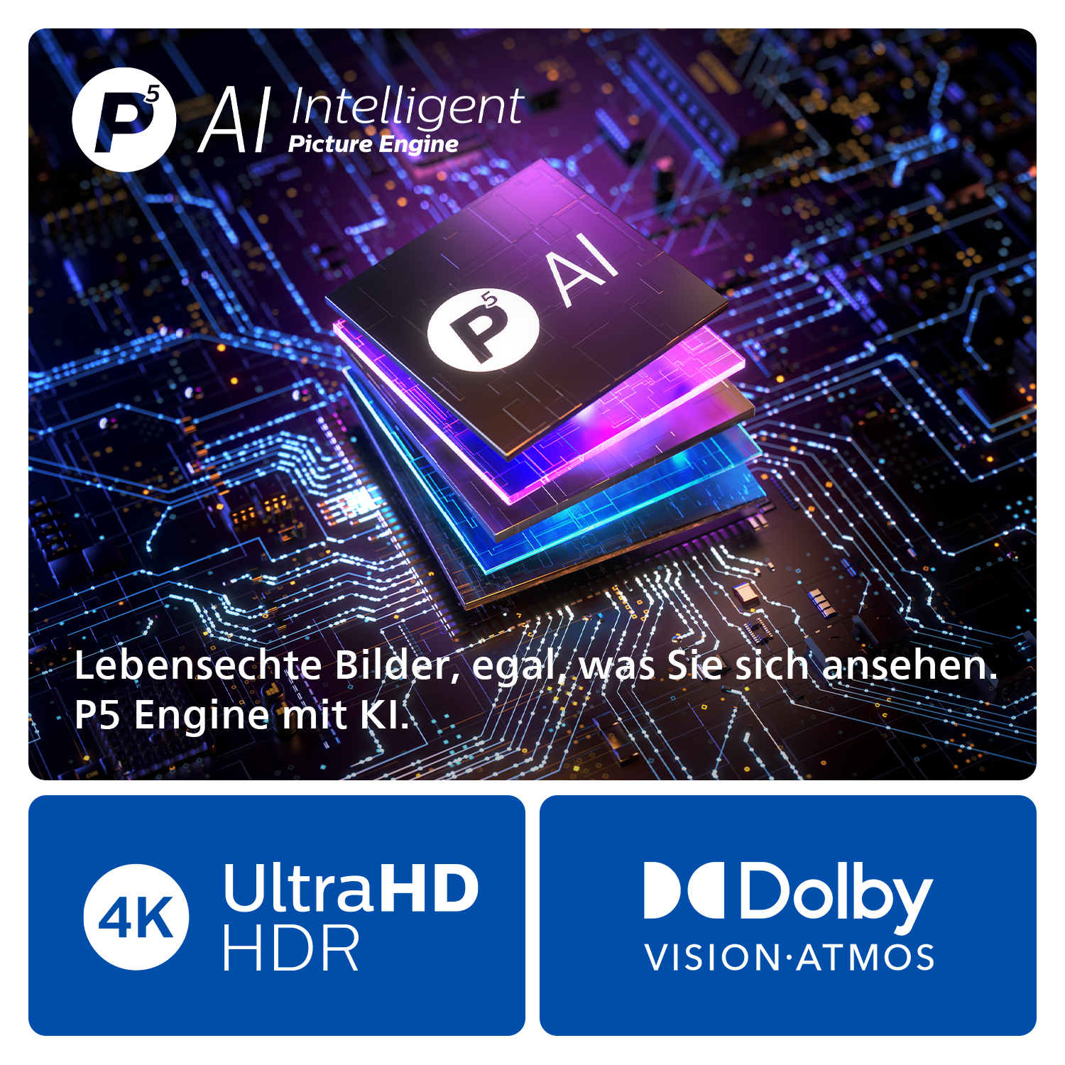 Eine Darstellung von Computerchips mit Text, der 4K Ultra HD HDR und Dolby Vision bewirbt.