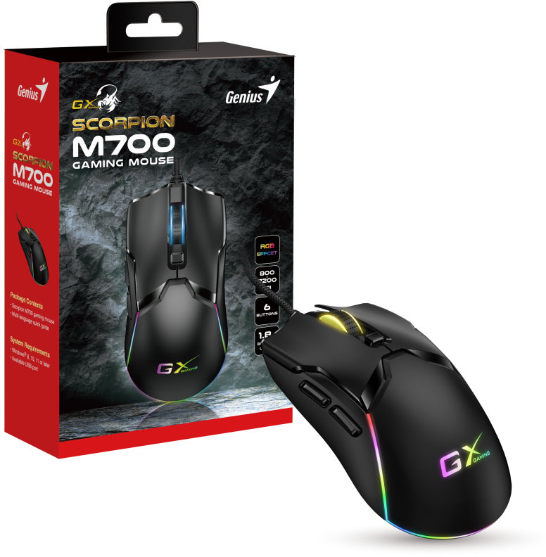 Egy fekete GX Scorpion M700 gaming egér RGB világítással és a doboza.