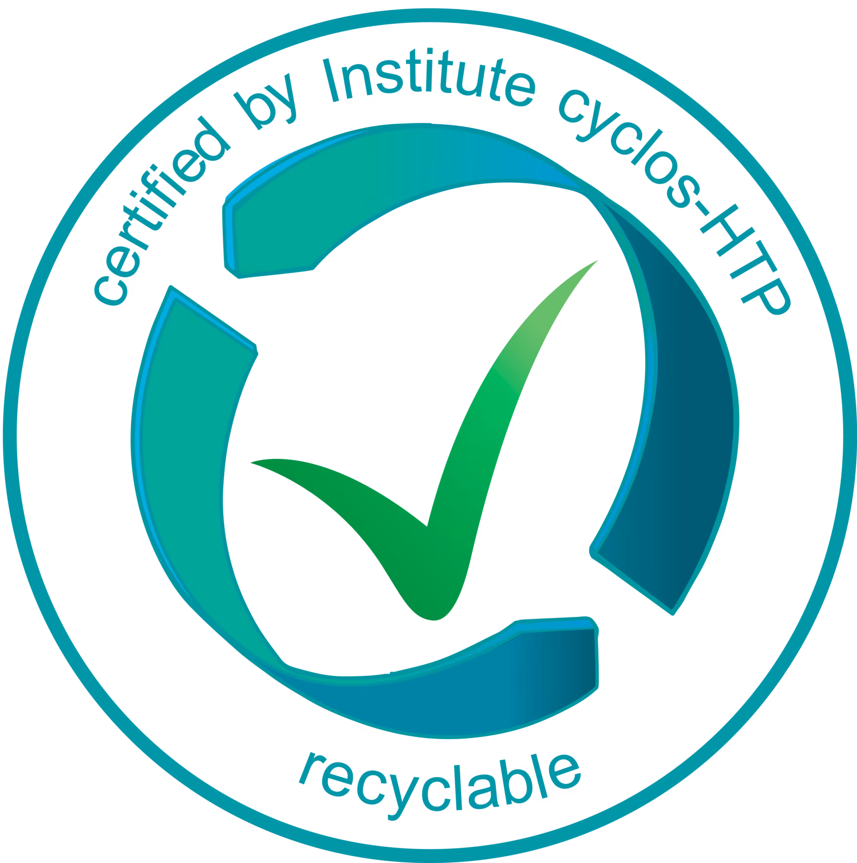Egy kör alakú logó egy pipával egy újrahasznosítási szimbólumon belül, 'certified' és 'recyclable' szöveggel.