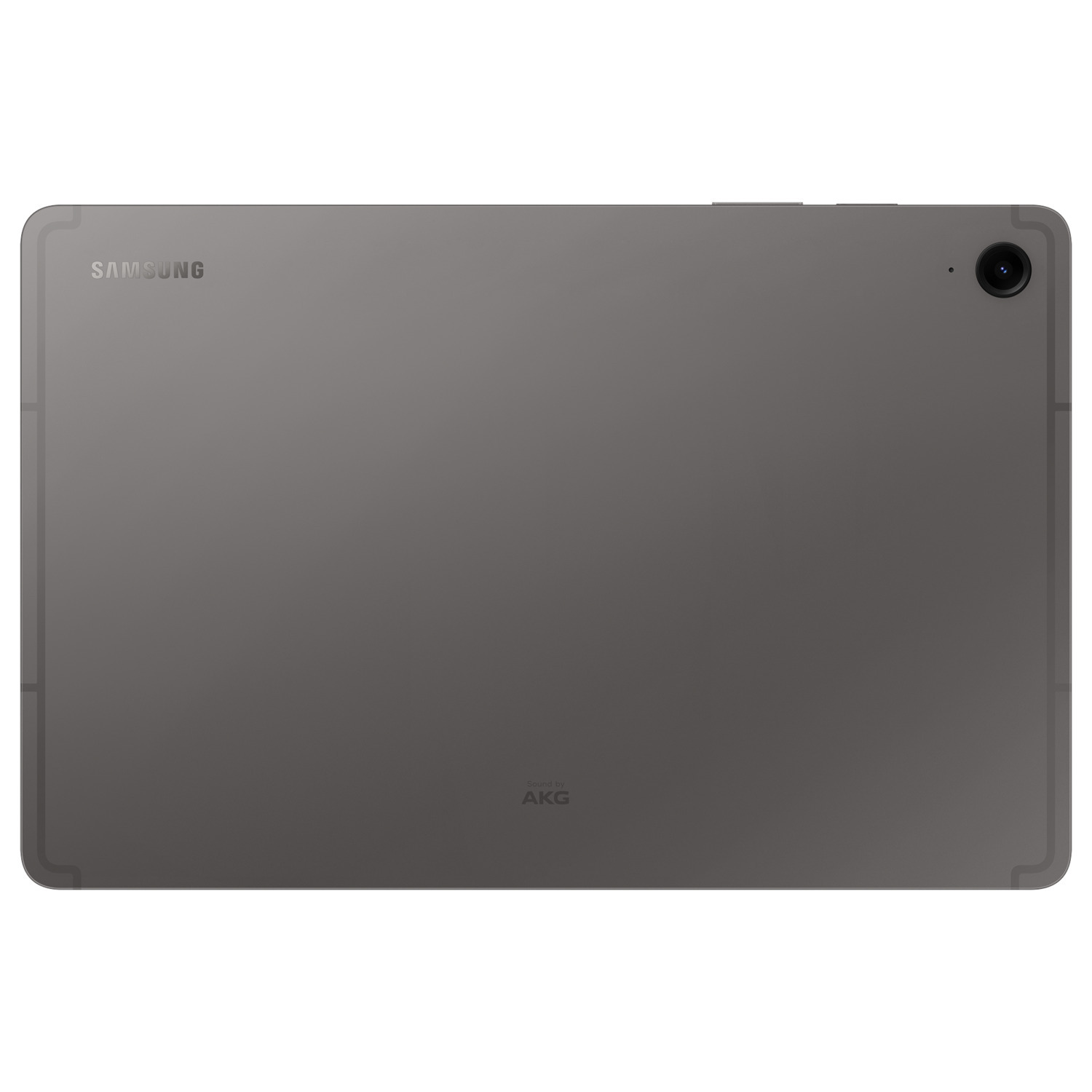 Tablette grise, vue arrière, avec caméra et logo Samsung.