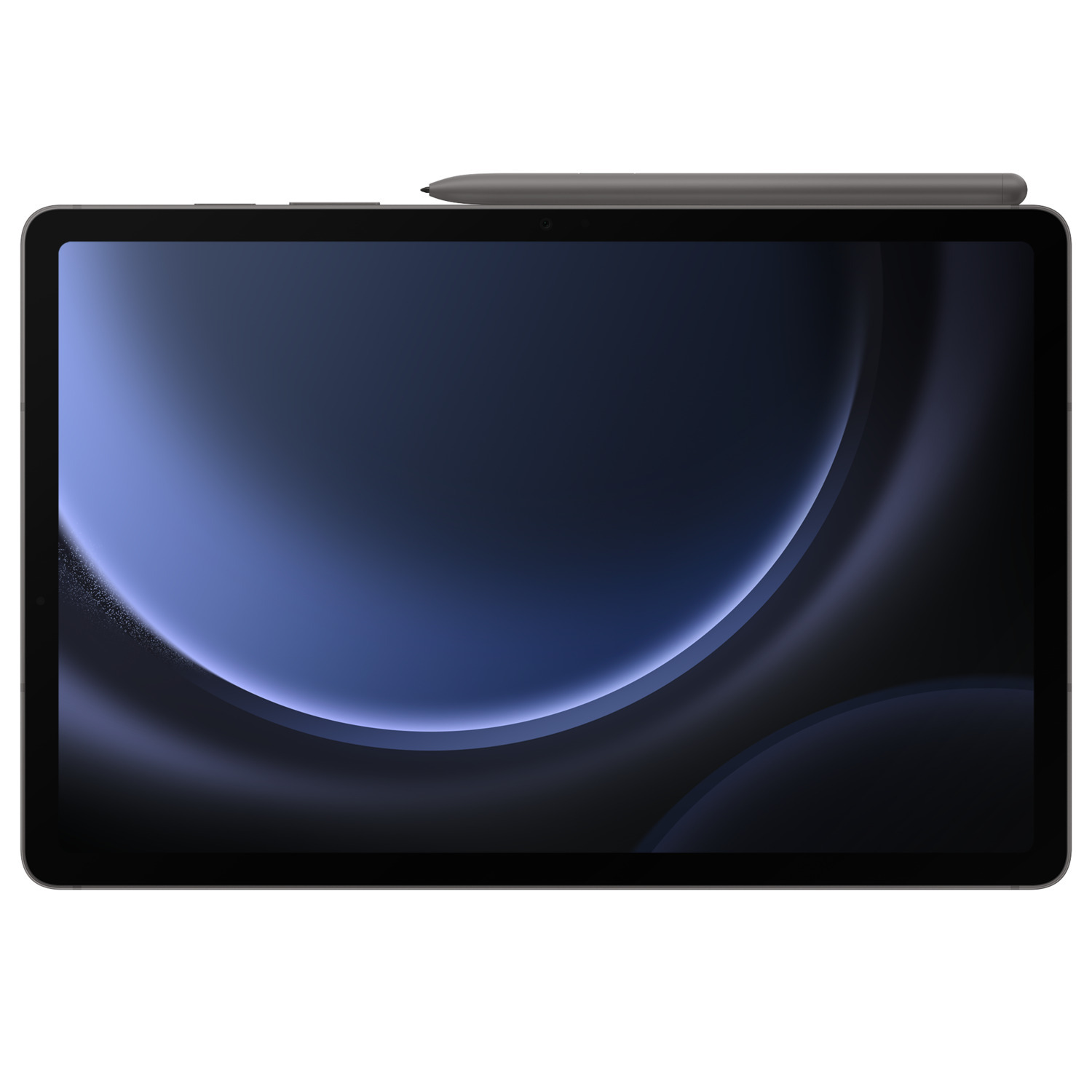 Une tablette avec un stylet dessus, montrant un écran bleu foncé et blanc.