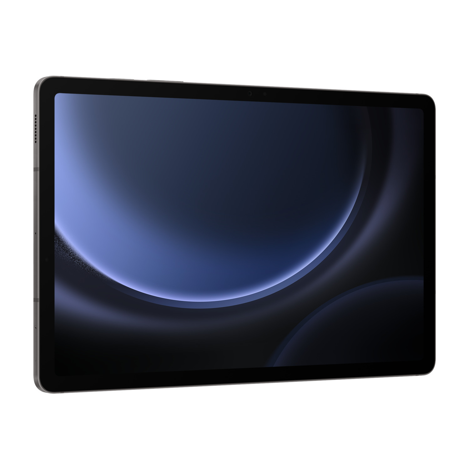 Une tablette avec un écran noir, affichant un design en dégradé bleu et gris, et un cadre argenté.