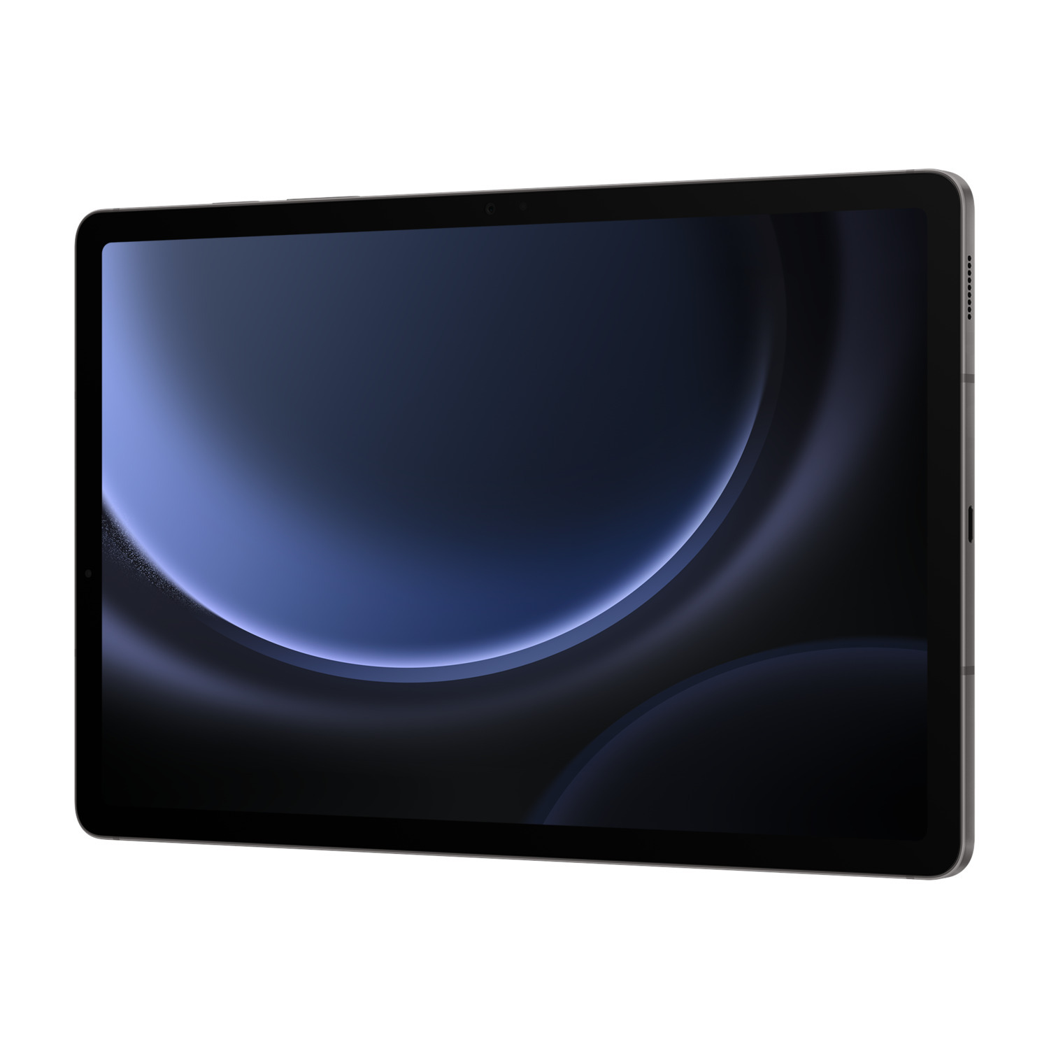 Tablette noire avec écran bleu foncé et violet, vue en angle.