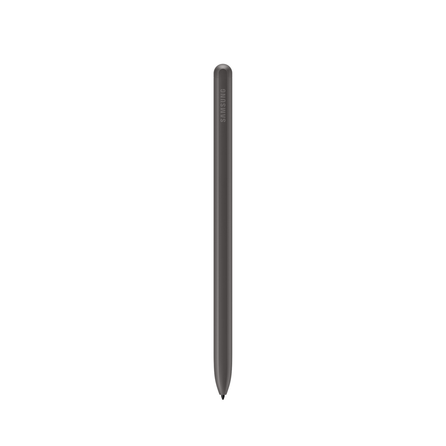 Un stylet Samsung gris foncé, vertical, centré sur fond blanc. Logo SAMSUNG visible.