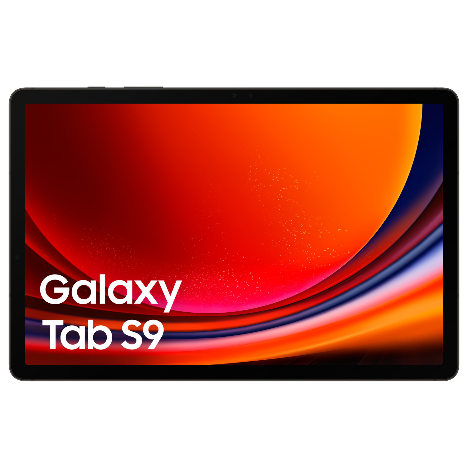 Zwarte tablet met Galaxy Tab S9 op scherm, kleurovergang.