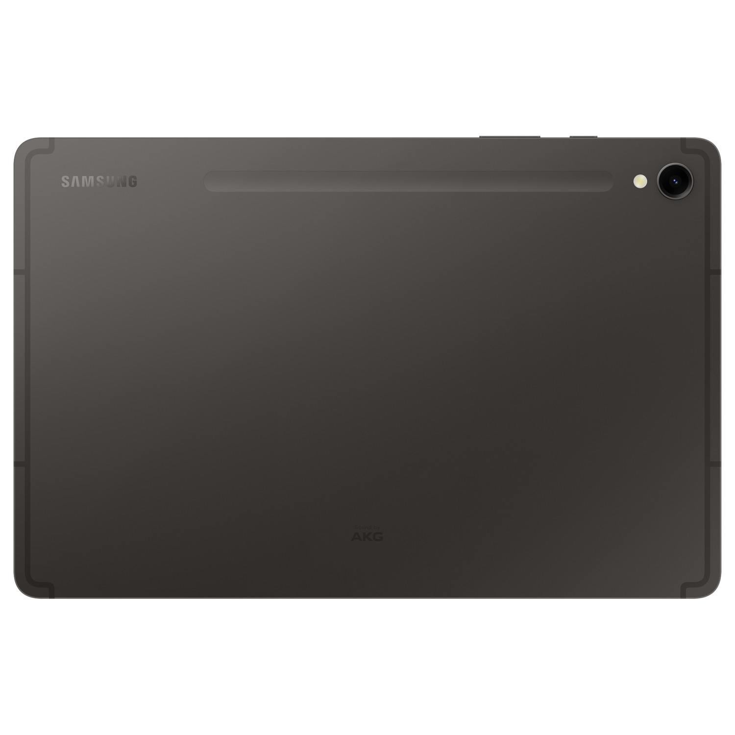 Achteraanzicht van een donkergrijze tablet met het Samsung-logo en de tekst AKG.