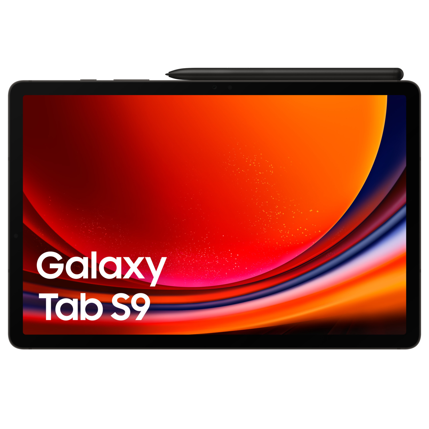 Een zwarte Samsung Galaxy Tab S9 tablet met een stylus erop, met een helder oranje en rood display.