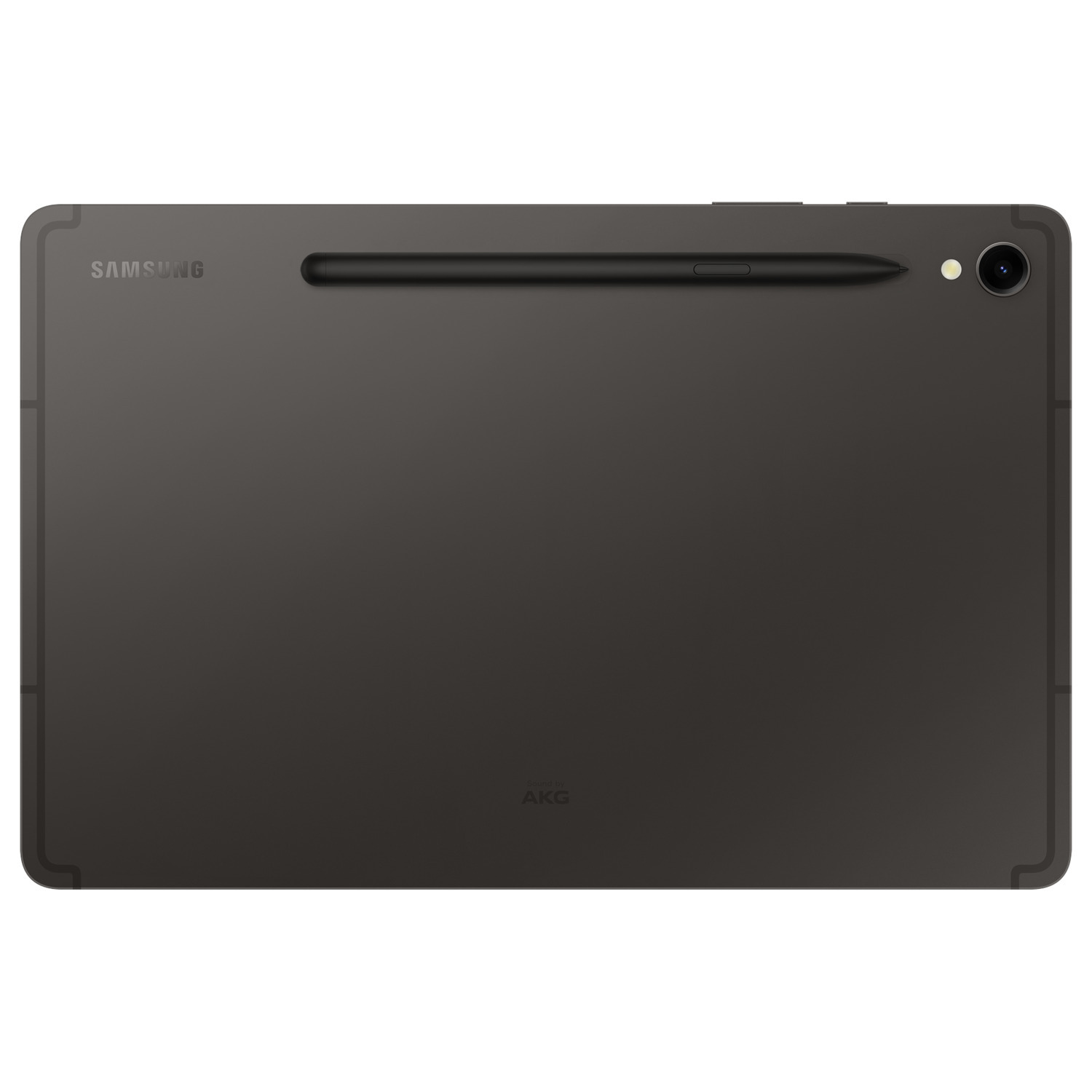 Zwarte tablet met stylus en camera aan de achterkant, merk Samsung.
