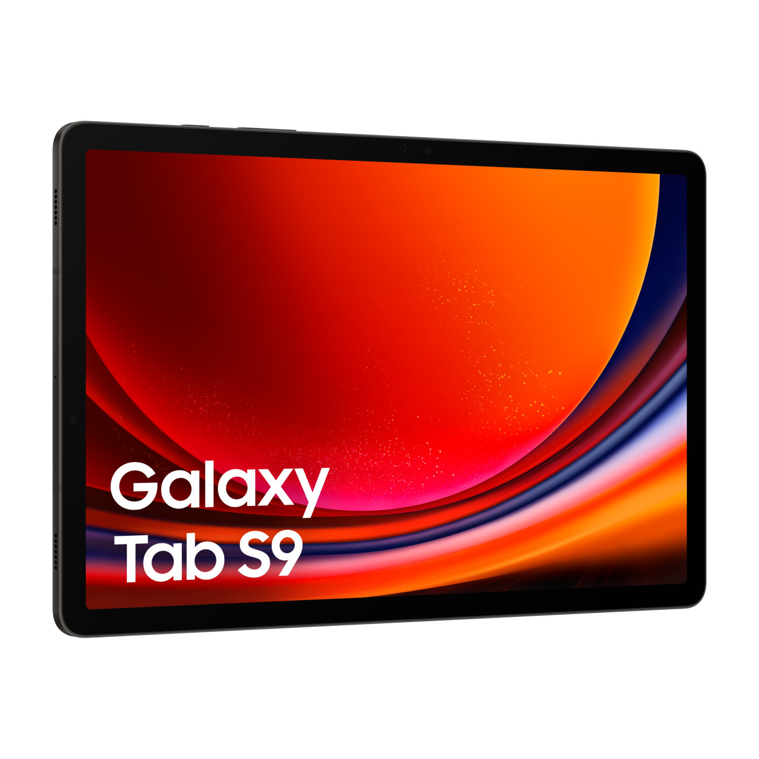 Zwarte tablet met een scherm met een oranje en rood abstract ontwerp. De tekst Galaxy Tab S9 wordt weergegeven.