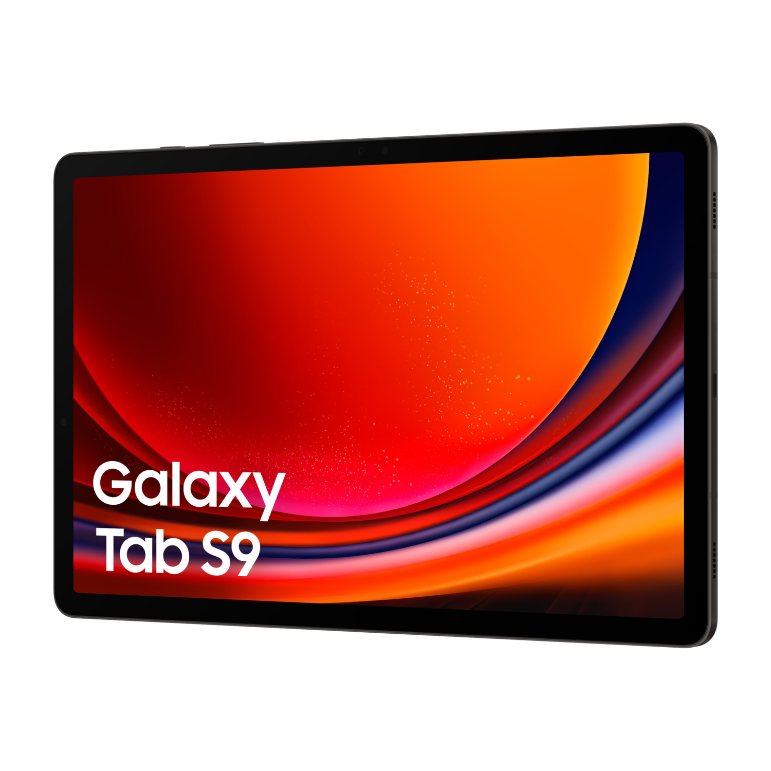 Een zwarte tablet met een abstracte rode, oranje en blauwe achtergrond, met de woorden Galaxy Tab S9.
