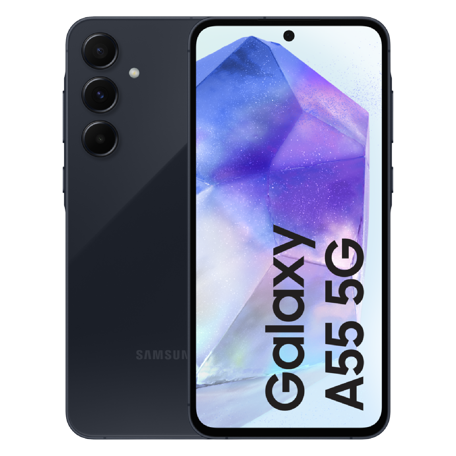 Samsung Galaxy A55 5G telefoon. Achterkant is donkerblauw met drie camera's, voorkant toont scherm.