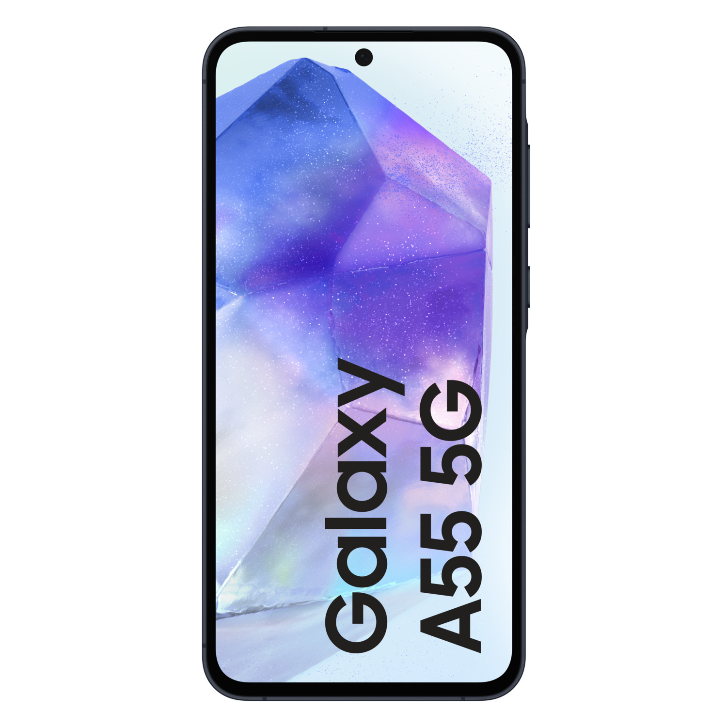 Een zwarte smartphone met een display met een paars geometrisch ontwerp en de tekst 'Galaxy A55 5G'.
