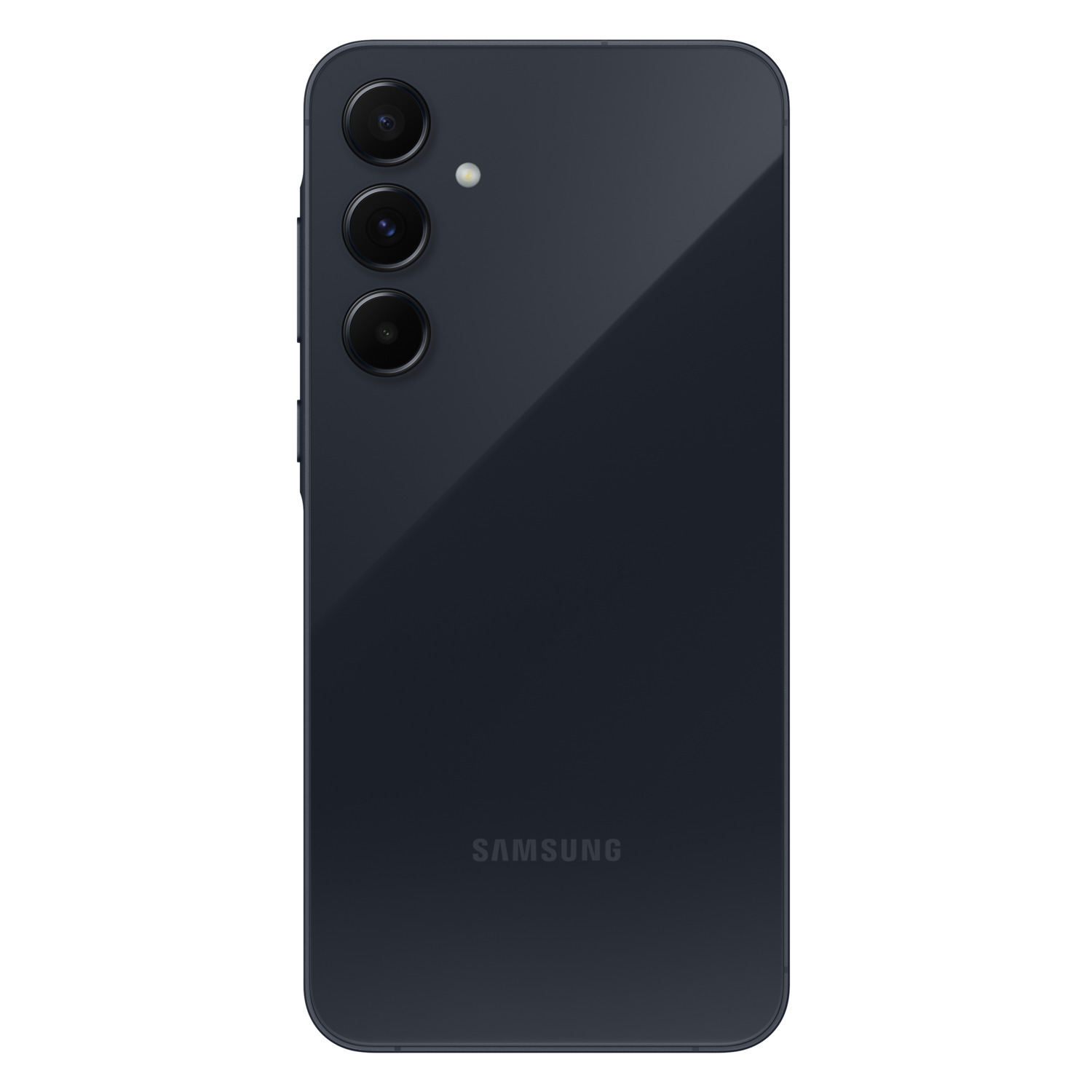 Achterkant van een marineblauwe Samsung-telefoon met drie verticaal uitgelijnde camera's en het Samsung-logo onderaan.