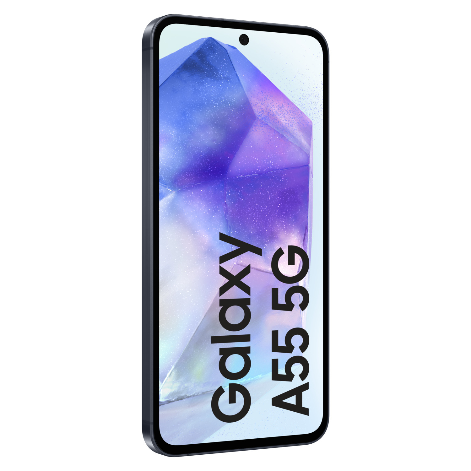 Zwarte Samsung Galaxy A55 5G telefoon met groot scherm, iets opzij gedraaid.