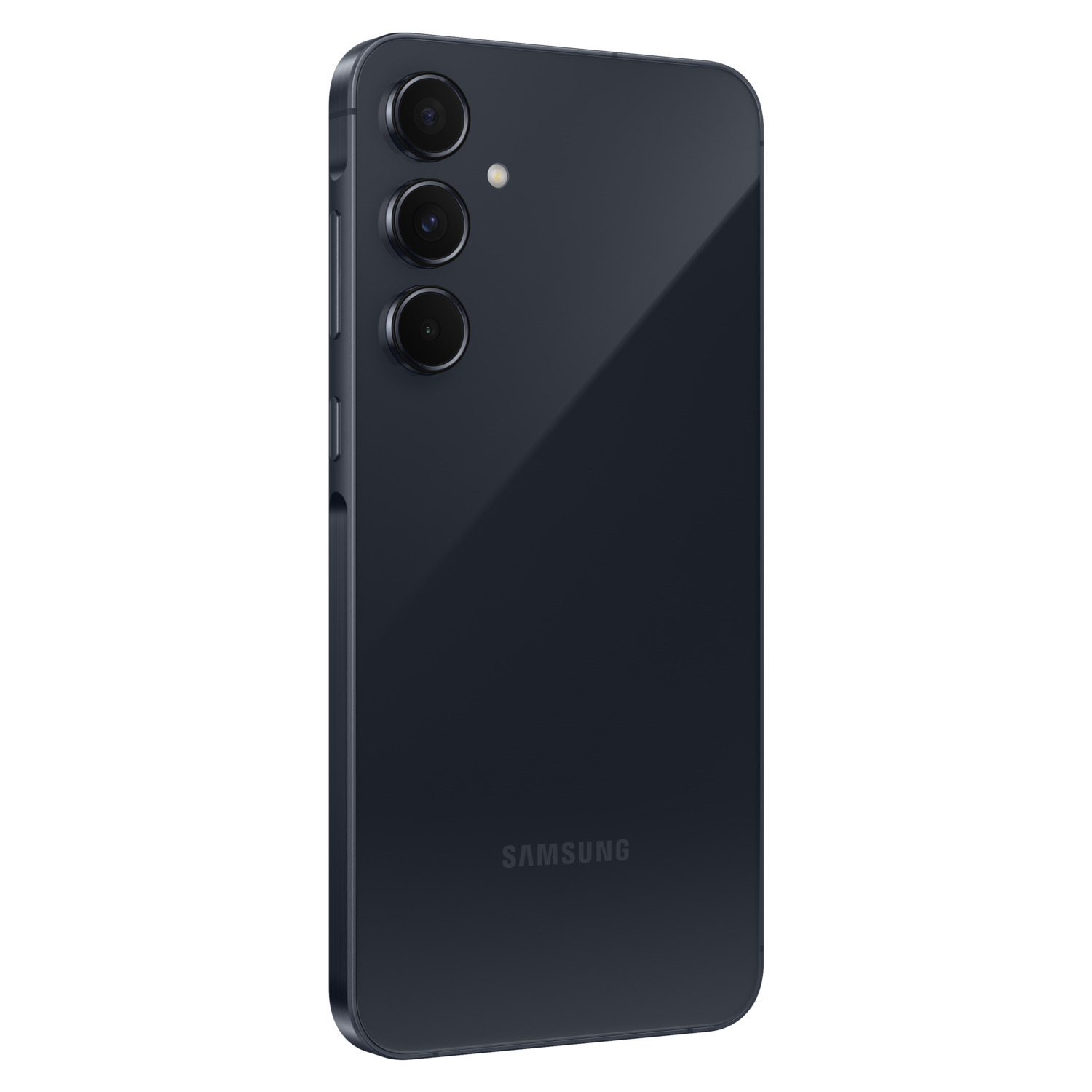De achterkant van een donkerblauwe Samsung-telefoon met 3 camera's.