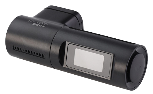 Czarna kamera samochodowa z małym ekranem. Widoczna nazwa marki 'pride'.