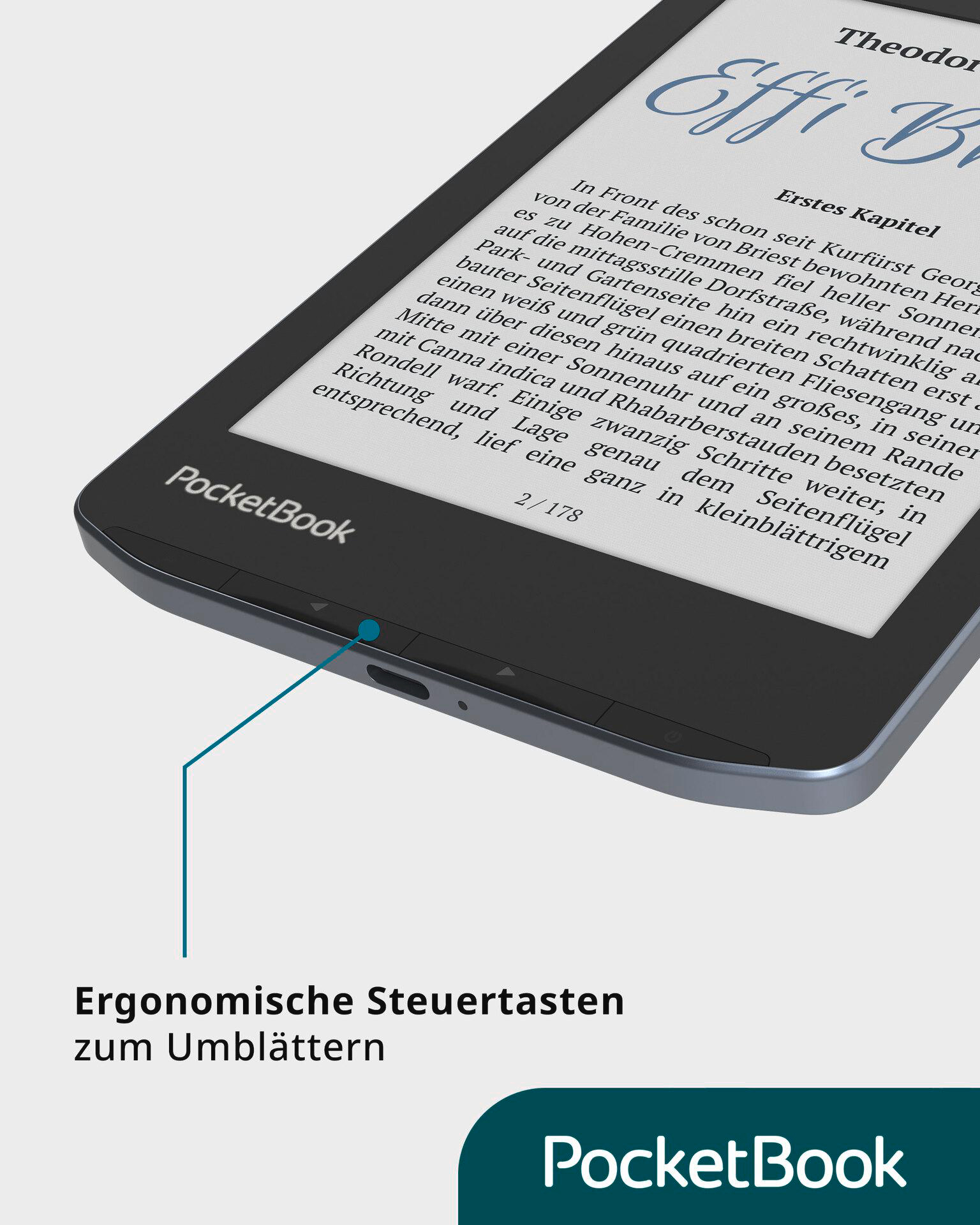 E-Reader auf weißer Oberfläche, zeigt Text. Ergonomische Tasten an der Seite. Schwarzer Rahmen.
