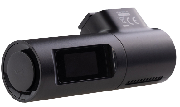 Czarna kamera samochodowa z ekranem i logo Wi-Fi.