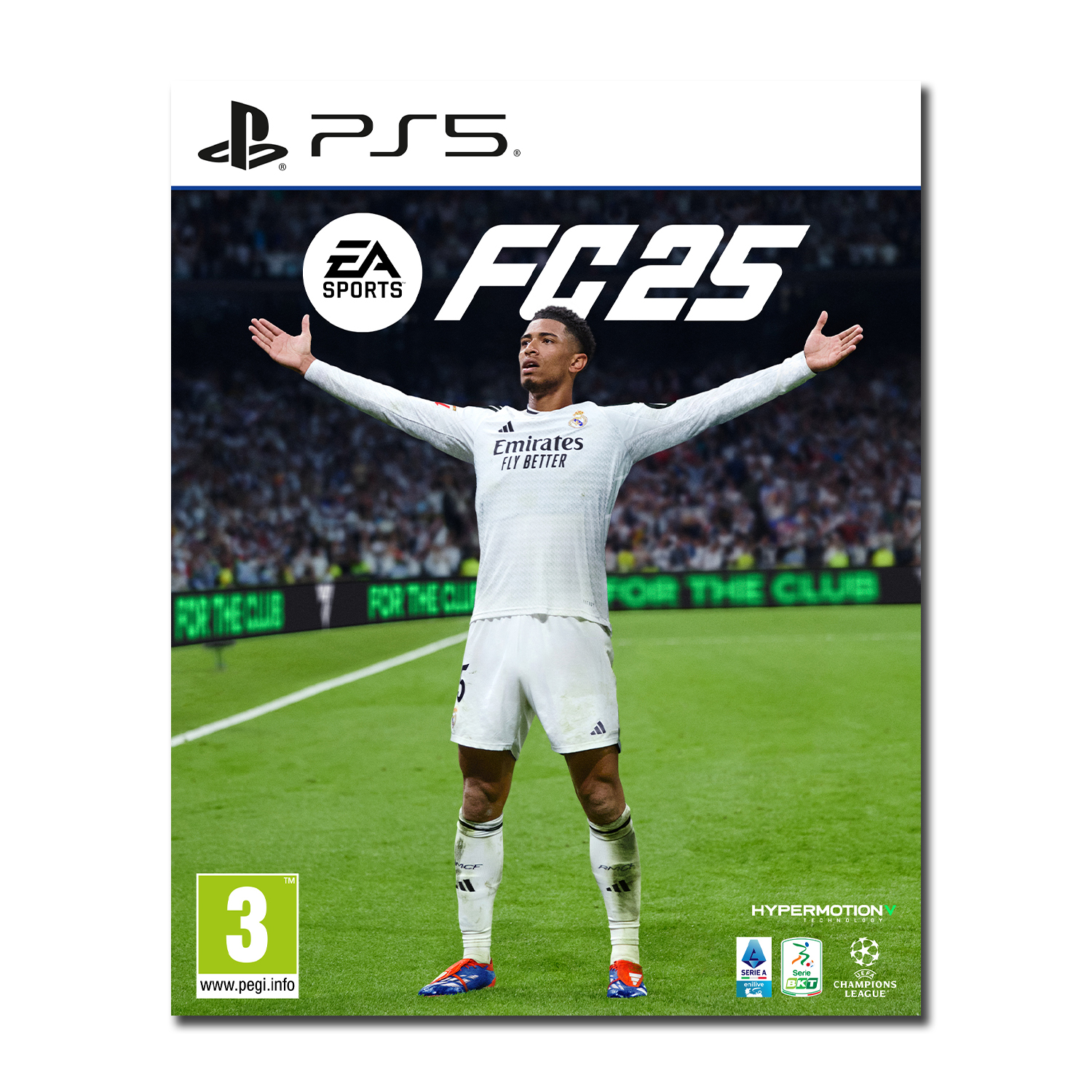 Copertina del gioco FC25 PS5. Giocatore di calcio con le braccia in alto. Logo EA Sports.
