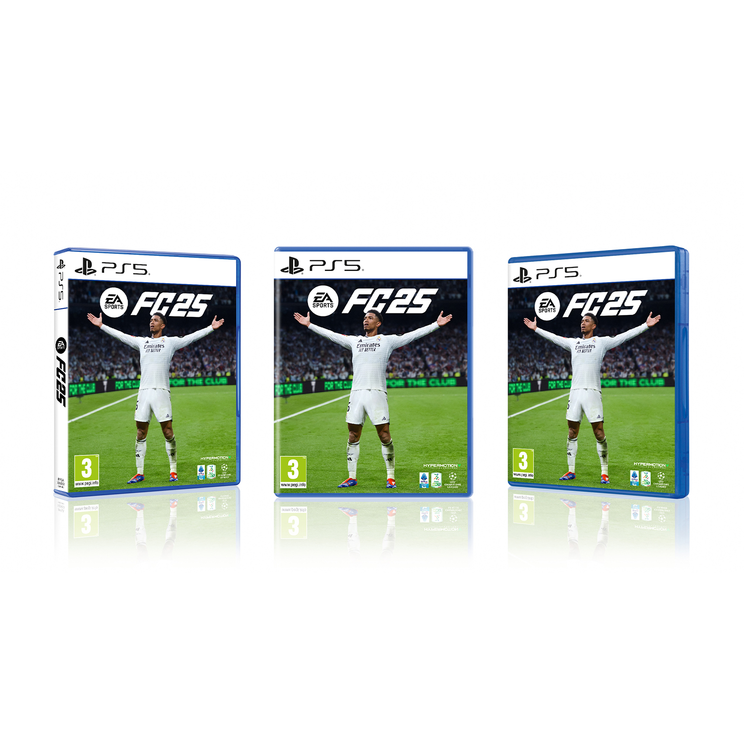 Tre custodie di videogiochi per EA FC25, con un calciatore in divisa bianca su sfondo blu.