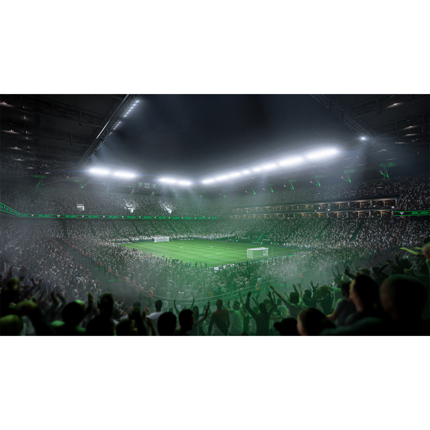 Stadio di calcio notturno, campo verde, luci brillanti, folla in festa.