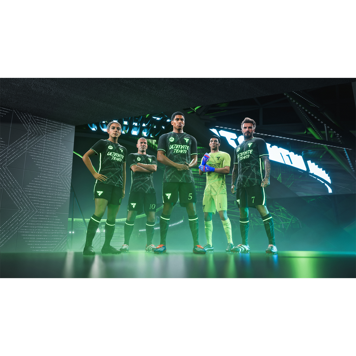 Squadra di calcio con maglie nere. Cinque giocatori in una stanza illuminata di verde.