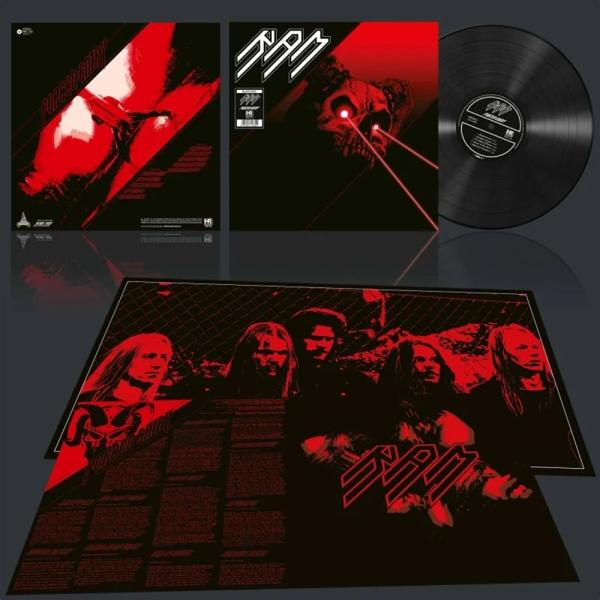 Albumcover und zwei weitere Bilder einer Vinyl-Schallplatte mit rotem und schwarzem Design.