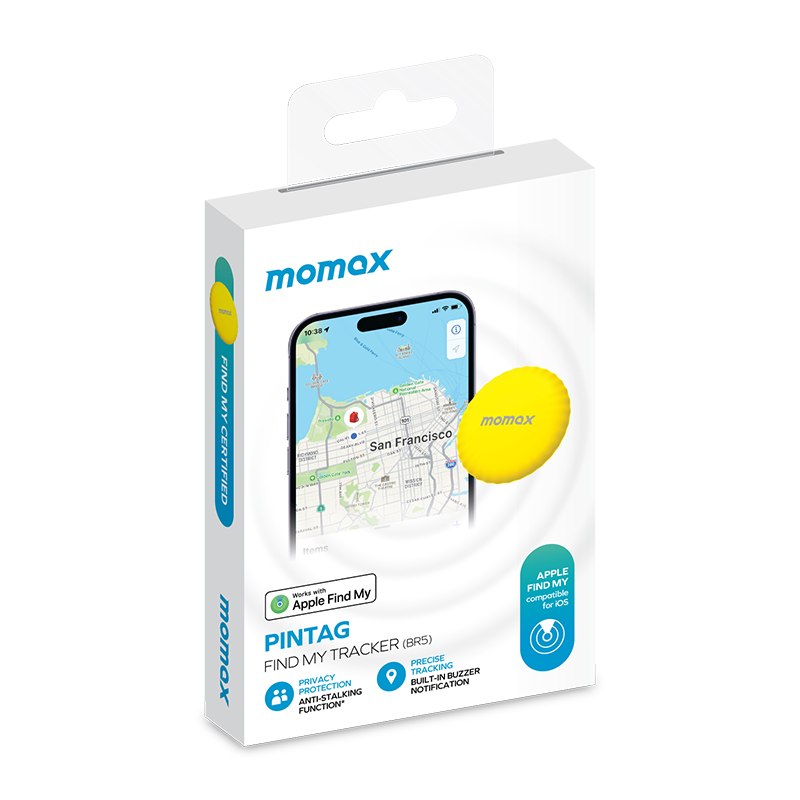 Momax Pintag Find My Tracker kutusu. Kutuda harita olan telefon ve sarı bir Pintag gösteriliyor.