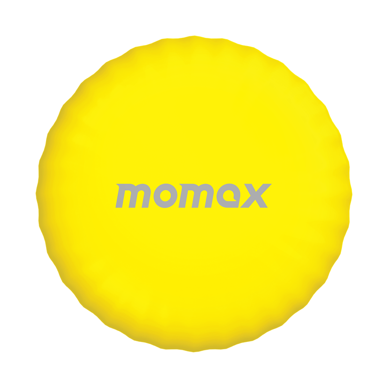 Sarı, yuvarlak momax şarj cihazı, ortasında gri renkte 'momax' yazısı. Arka plan siyahtır.