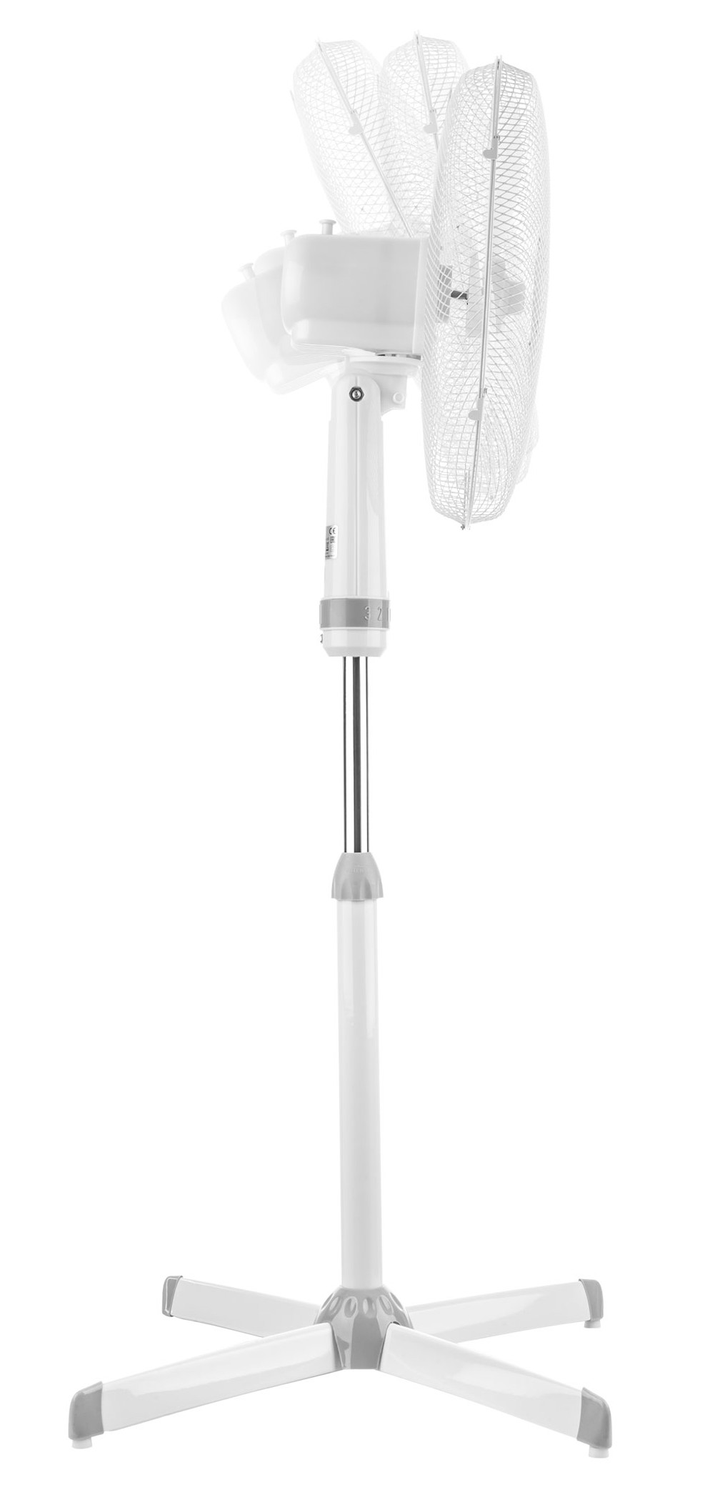 Biały wentylator stojący z siatką, regulowaną wysokością i podstawą w kształcie gwiazdy, na białym tle.