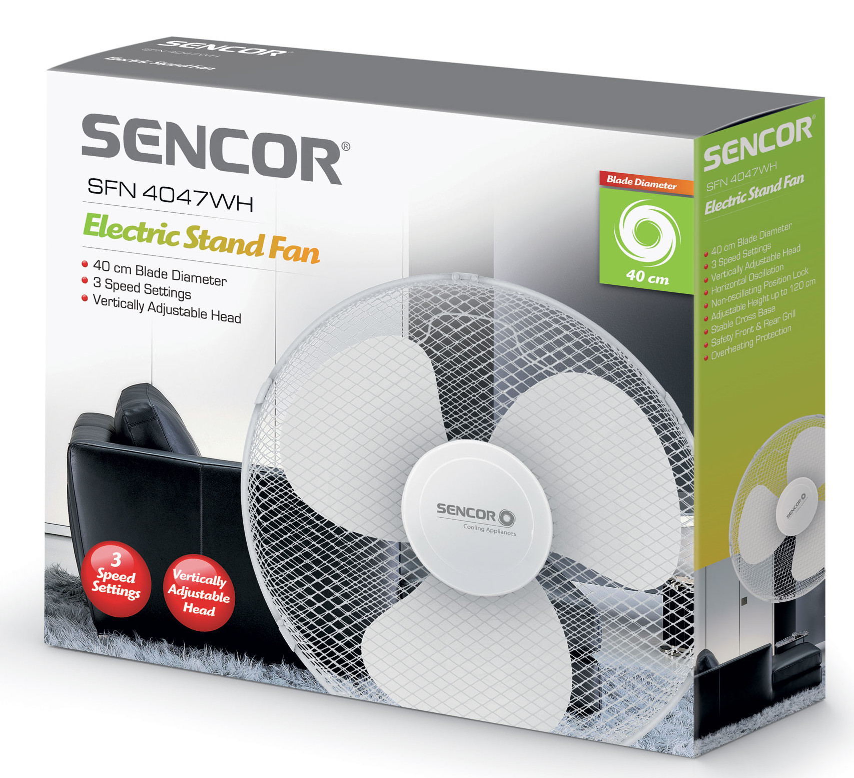 Zapkowany wentylator stojący Sencor. Cechy: 40cm ostrze, 3 prędkości, regulacja pionowa. Tło: ustawienie pokoju.
