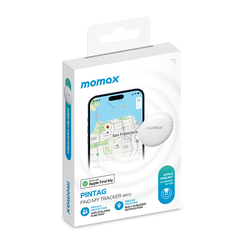 Beyaz kutu, 'momax' logosu ve cihaz görüntüsü ile. Metin: 'Find My Tracker'. Apple Find My uyumlu.