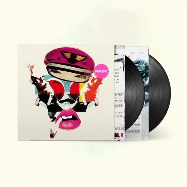 Albumcover: Zwei Vinylplatten in einer Hülle. Das Cover ist eine Collage mit einem rosa Hut und einem Mund.