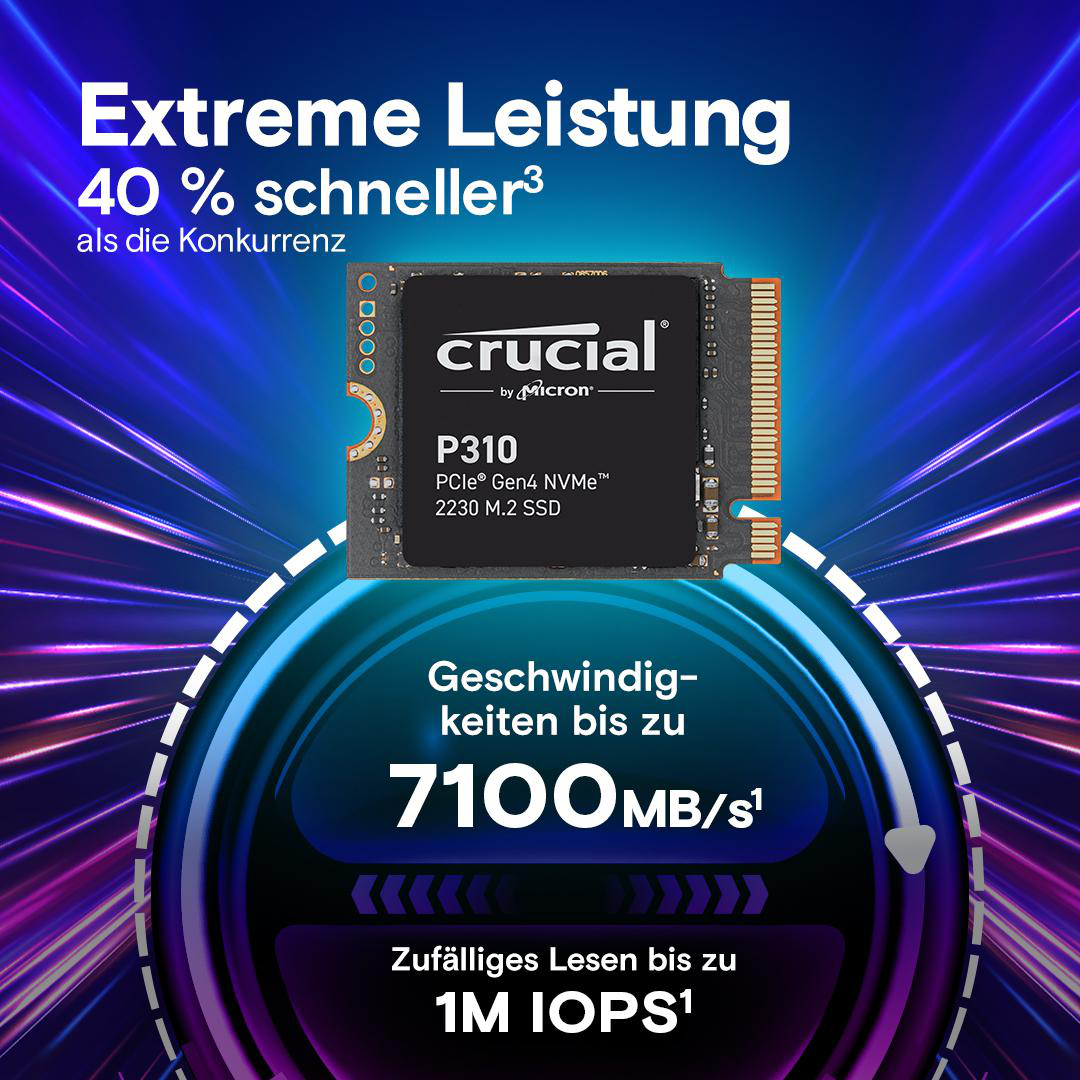 Eine Crucial P310 SSD auf einem lila und schwarzen Hintergrund, mit Text über Geschwindigkeit und Leistung.