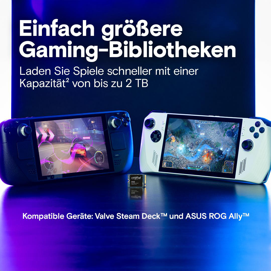 Zwei Handheld-Spielekonsolen und eine microSD-Karte, alles auf einer lila Oberfläche. Der Text sagt größere Bibliotheken.