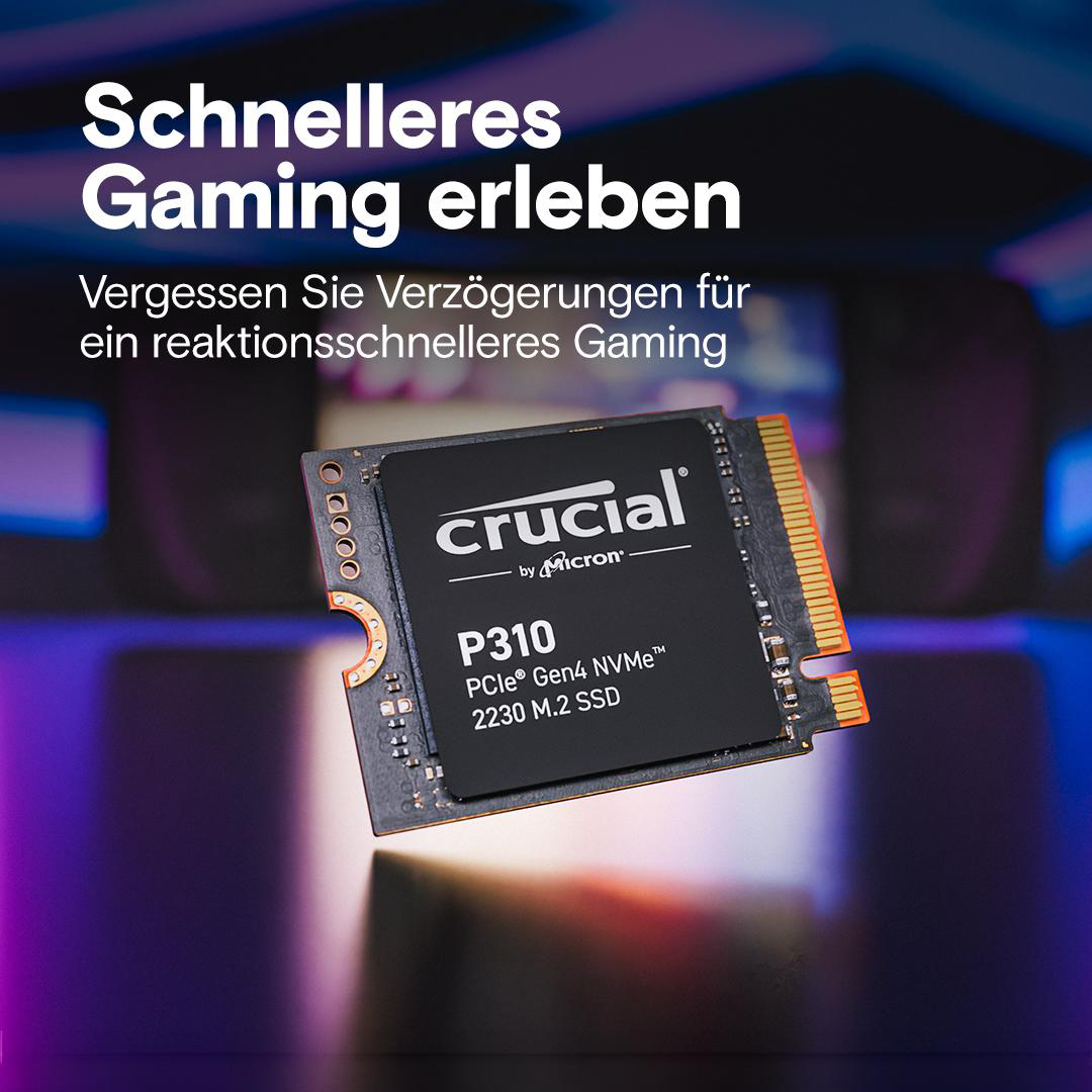Werbebild für Crucial P310 SSD. Schwarze SSD mit Text auf blauem und lila Hintergrund.