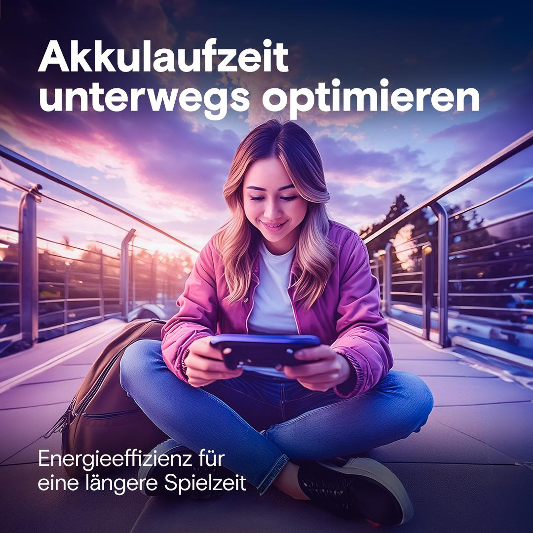 Junge Frau mit Handy auf Brücke, Text über Batterieoptimierung.