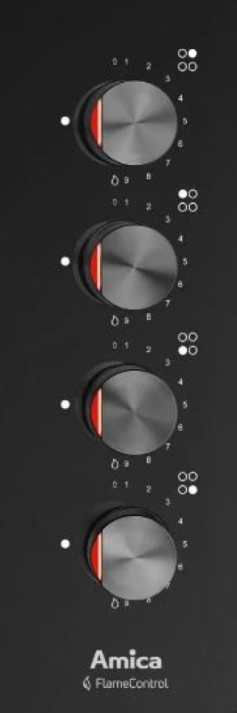 Czarne elementy sterujące płyty grzejnej z czterema pokrętłami i ikonami płomienia.