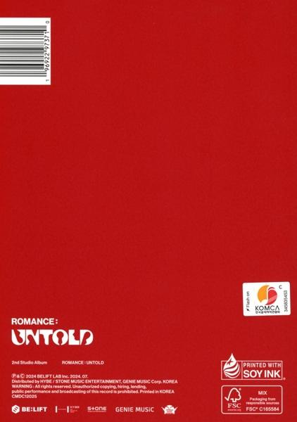 Piros album borító 'ROMANCE: UNTOLD' felirattal, vonalkóddal és logókkal.