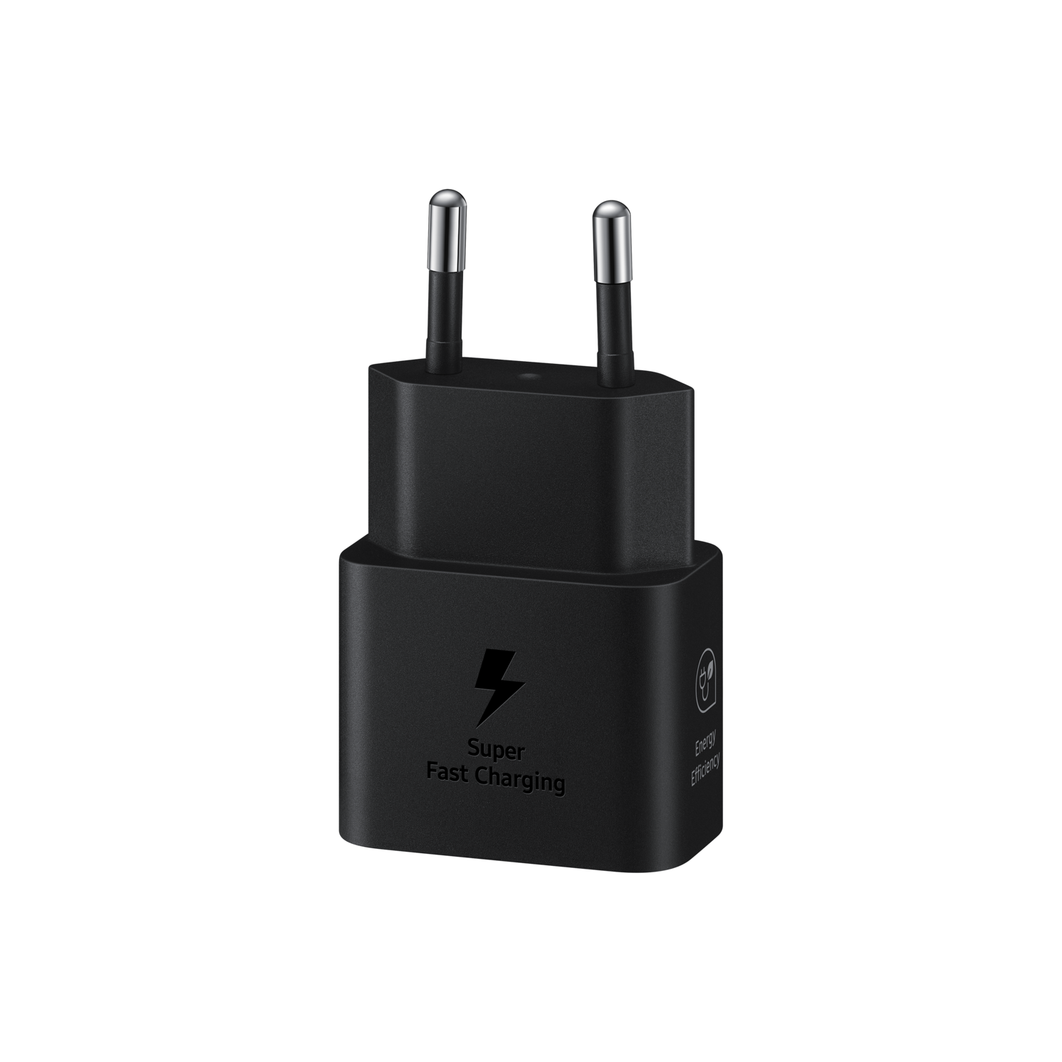 Een zwarte Samsung oplader met een Super Fast Charging symbool en een stekker met twee pinnen.
