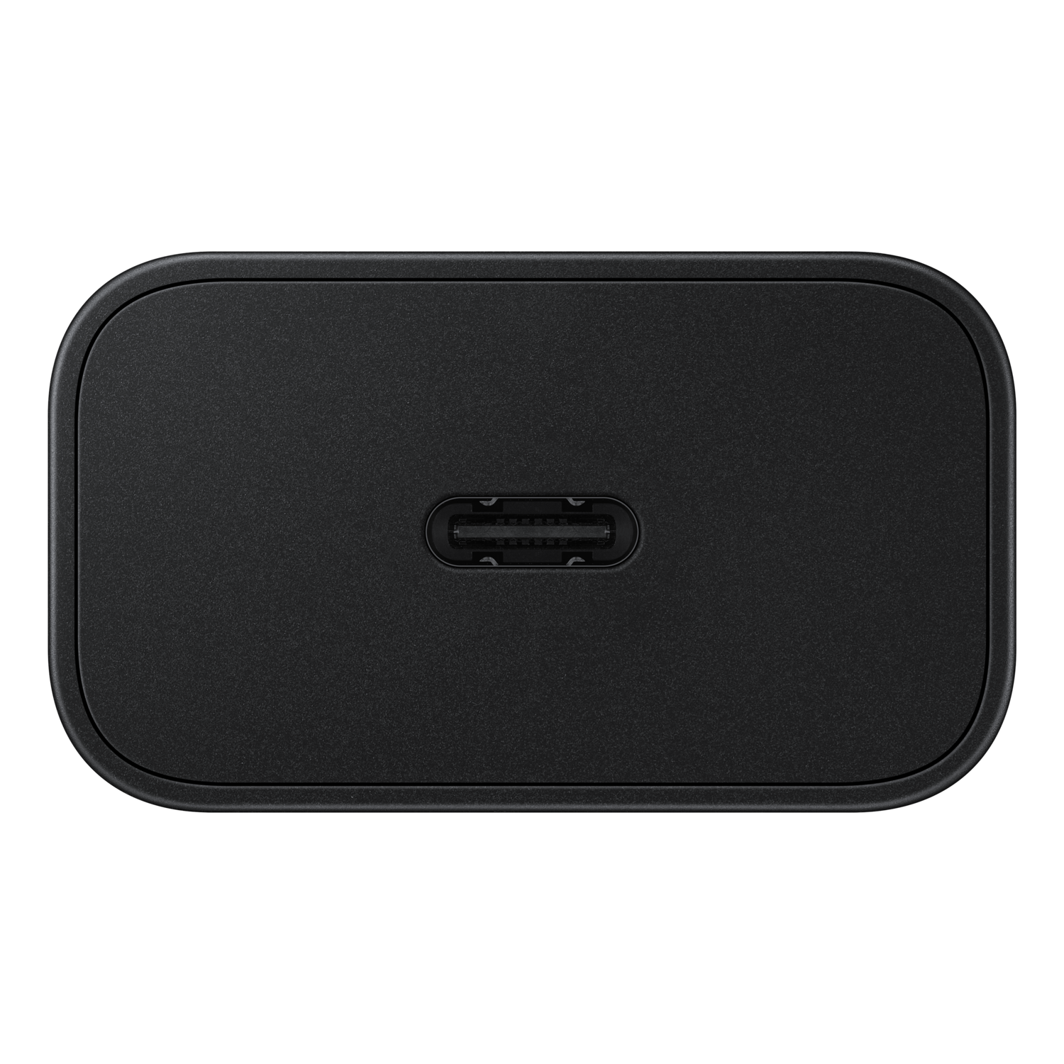 Zwarte rechthoekige oplader met een USB-C-poort. Close-up.