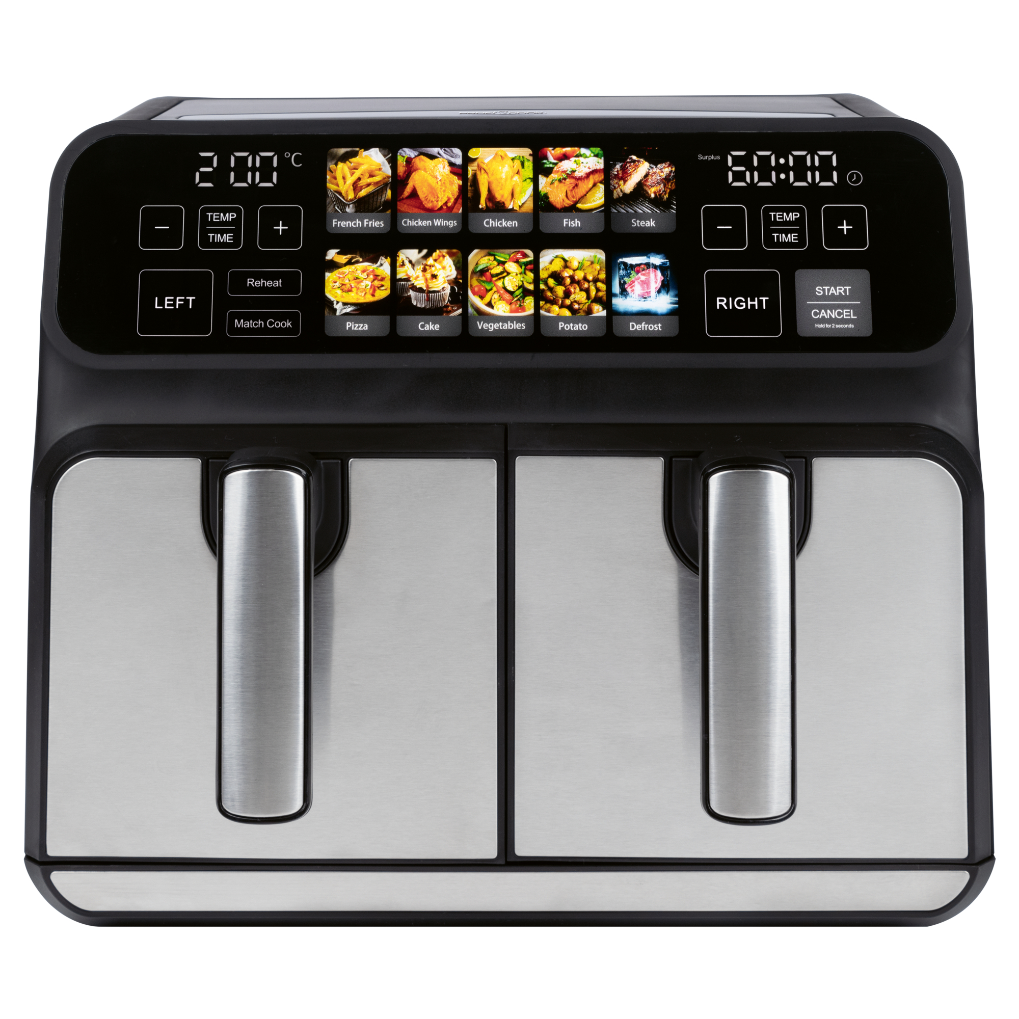 Heißluftfritteuse mit zwei Fächern, schwarz und silber, und Digitalanzeige mit Essenssymbolen.