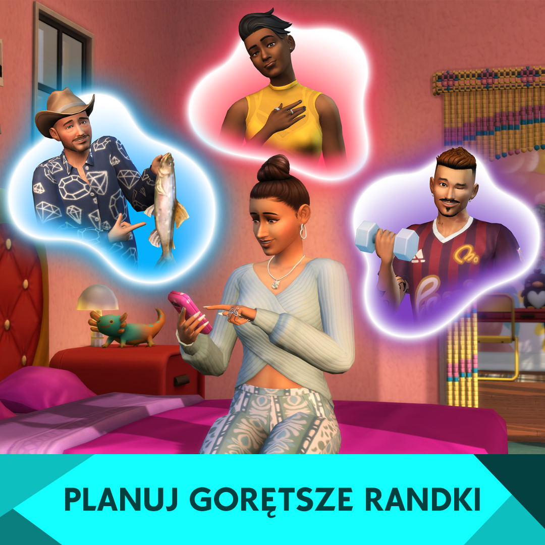 Kobieta z telefonem, trzy dymki z ludźmi. Tekst: Planuj gorące randki.